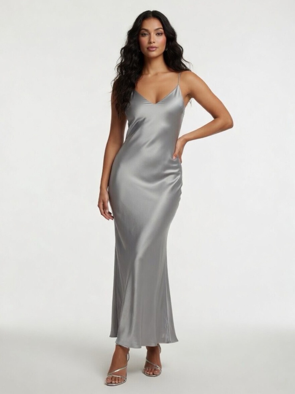 Josie Natori 100% Silk Silver Maxi Slip Dress – Size S – NWT